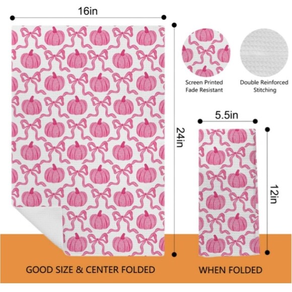 Coquette Pink Pumpkin & Bows Kitchen Towel  16x24 Inch NWT - Picture 2 of 6